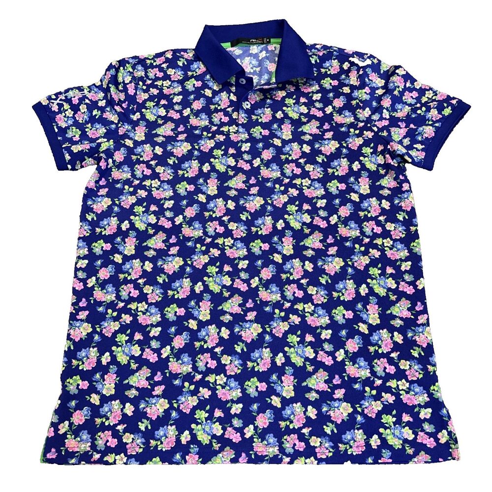 RLX Ralph Lauren Men's Blue Pink Green Floral Golf Polo Shirt Sz M